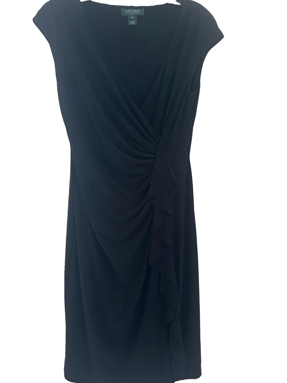 Ralph Lauren Black Cap-Sleeve Draped Midi Dress